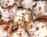 A picture of step 8 of Indian snack (crisp sphere with flavoured water/curd mixture).
