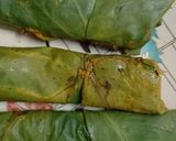 A picture of step 3 of Homemade crispy Patra with some spicy green chutney.