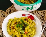 A picture of step 6 of CREAMY PESTO PASTA 😋 With BASIL Leaves.