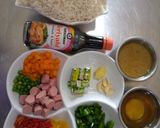 A picture of step 1 of Teriyaki rice, chicken salad with honey and orange dressing.