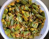 A picture of step 2 of Bhindi Curry with mustard paste.