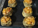 Alcachofas rellenas de gambas con gratinado de alioli suave
