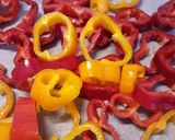 A picture of step 1 of Roasted romano peppers, gratin breadcrumbs & feta open omelette.