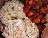 A picture of step 6 of Chicken steak with mushroom sauce with fried rice and fried vegetables.