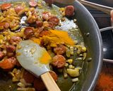 A picture of step 3 of Paella, chicken, chorizo & prawns.