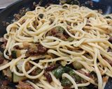A picture of step 7 of Spaghetti Carbonara with Zucchini.