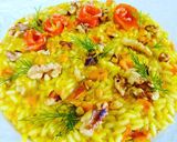 A picture of step 6 of Saffron Risotto with Smoked Salmon, Toasted Walnuts, and Lemon Zest.