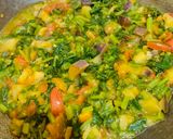 A picture of step 3 of Palak with brinjal and badi.