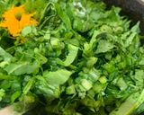 A picture of step 3 of Muli ka saag stir fried with besan (Radish greens with Gram flour).