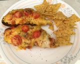 A picture of step 3 of French bread Pizza.