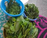 A picture of step 1 of Mix saag { Methi, Sarson, Suva, thom(spring onion green) }.