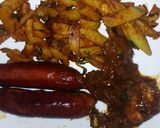 A picture of step 8 of Chips masala, wetfry beef with sausages.