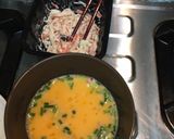 A picture of step 1 of Japanese style egg roll (crab stick with salad dressing).