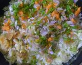 A picture of step 1 of Chainese manchurian with soup and fried rice.