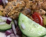 A picture of step 3 of Greek Pork Souvlaki with Greek Salad and Flatbread.