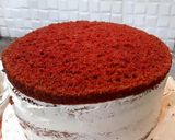 A picture of step 7 of Red velvet cake with white chocolate cream cheese frosting.