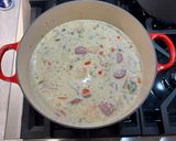 A picture of step 3 of Turkey Sausage, Chicken Shrimp, with Alfredo/Tomato Sauce Pasta.