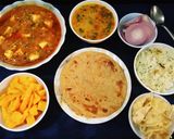 A picture of step 9 of Mutter paneer, paratha with zeera rice and dalfry.