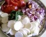 A picture of step 3 of Plain rice with radish sambar, carrot podimas and palak poriyal.