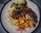 A picture of step 4 of SeaBass on a Smoked Paprika and Chives Mixed Fried Potatoes with Thyme and Vinegar Garden Peas Purée.