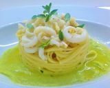 A picture of step 12 of Linguine Risottate with Calamari on Zucchini Cream.