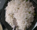 A picture of step 5 of Mutter paneer, paratha with zeera rice and dalfry.