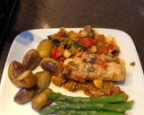 A picture of step 7 of Roasted cod with Mediterranean vegetables & roasted new potatoes.