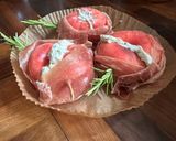 A picture of step 2 of Saturn Peaches with Prosciutto and Yorkshire Blue.