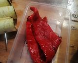 A picture of step 8 of Salmon,aubergine and spinach skewers with red pepper dressing.