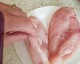 A picture of step 1 of My Stuffed Peppered Chicken breast with Homemade Chips + Peas.