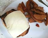 A picture of step 4 of My Mega Chicken Burger with potato wedgies and mushie peas. 😁.