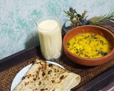 A picture of step 3 of Mango chutney with daal bhari roti and mango lassi.