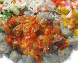 A picture of step 8 of Danwake with hot liver sauce.