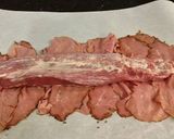 A picture of step 5 of Roast Pork Tenderloin wrapped with Pastrami and served with a Romano / Marscapone Cream Sauce.