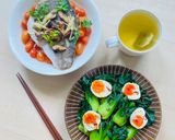 A picture of step 2 of Bok Choy with jammy eggs.