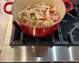 A picture of step 2 of Turkey Sausage, Chicken Shrimp, with Alfredo/Tomato Sauce Pasta.