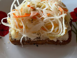 Toast with eggs and pickled veggie mix (čalamáda)