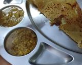 A picture of step 3 of Onion Rava Dosa with nariyal chutney, sambar.