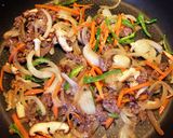 A picture of step 3 of Yaki Udon with Costco Bulgogi Beef.