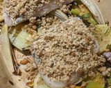 A picture of step 6 of Baked hake with Parmesan crumb, potatoes + leeks.