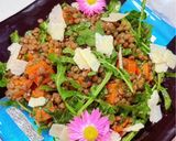 A picture of step 8 of Spiced sweet potato, puy lentil and rocket with honey and parmesan cheese.