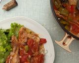 A picture of step 12 of Uncle Yves' Chicken Basquaise (with tomatoes, peppers + herbs).