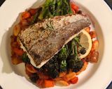 A picture of step 10 of Seared hake. Butterbean, chorizo and olive stew. Purple sprouting broccoli.