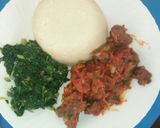 A picture of step 7 of Ugali nyama with greens.