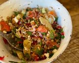 A picture of step 1 of Summer salad - spelt, coriander, tomato, artichoke, dried tomato, red onion, cucumber, paprika, feta.