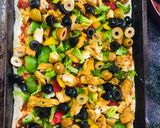 A picture of step 4 of Veggie Loaded pizza with homemade dough.