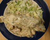 A picture of step 9 of Chicken Enchiladas (white sauce).