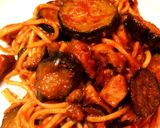 A picture of step 9 of Eggplant and Zucchini Bacon Tomato Pasta.