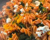 A picture of step 4 of Red Lentil Pasta with Pumpkin Cream, Spinach, and Feta.