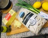 A picture of step 1 of Low gluten spicy pasta with Lemon garlic, mushroom top with egg and Parmesan cheese 😉🥒🍋🧄🥚🌶.